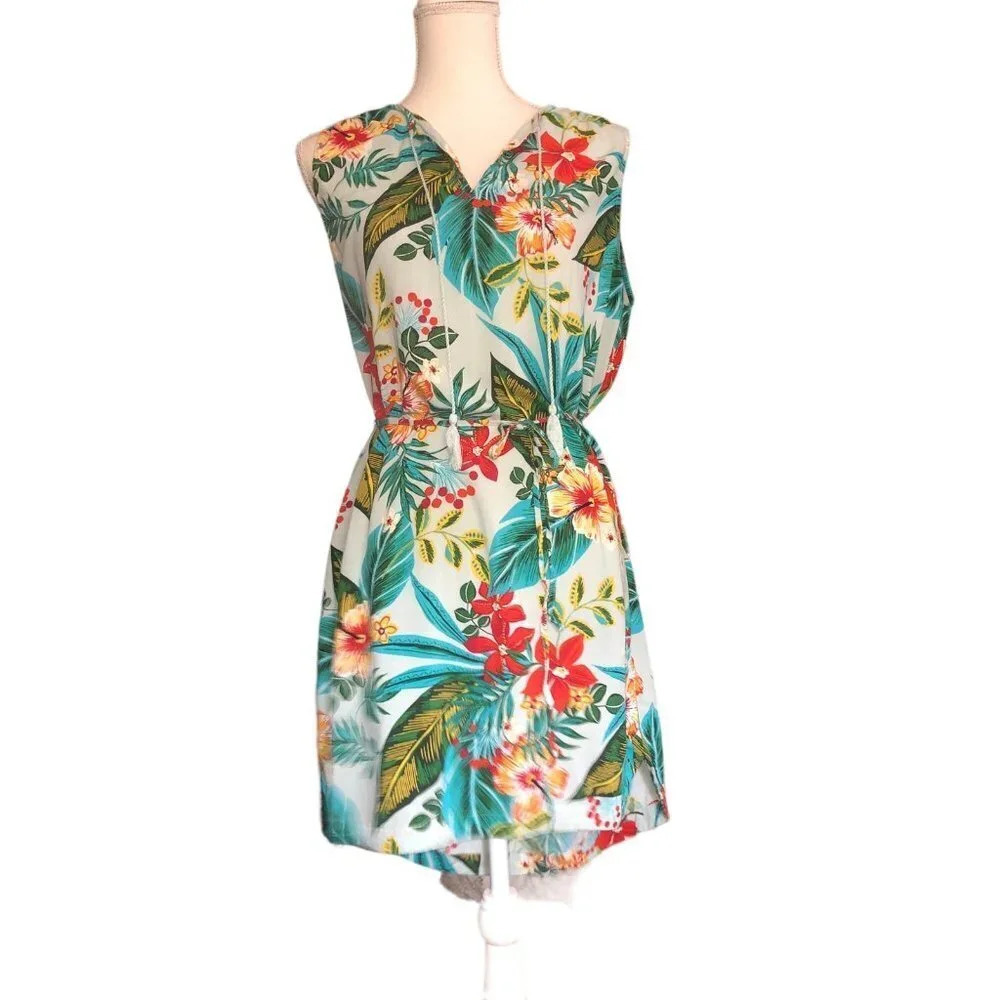 BeachLunchLounge Sz L Women's Turquoise Hawaiian Print Sleeveless Cover-Up/Dress